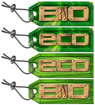 Four Bio and Eco Green tags - labels with leaf background and steel cable
