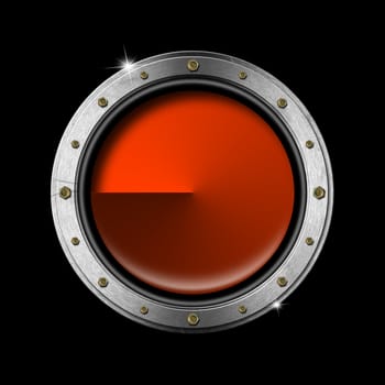 Metallic porthole on a black and orange background with bolts