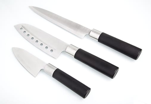 Detail of a few professional chef knives, kitchen knives