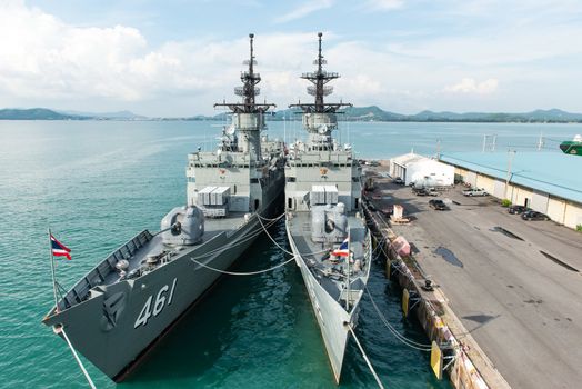 Large battle ship in Naval base, taken on a sunny day