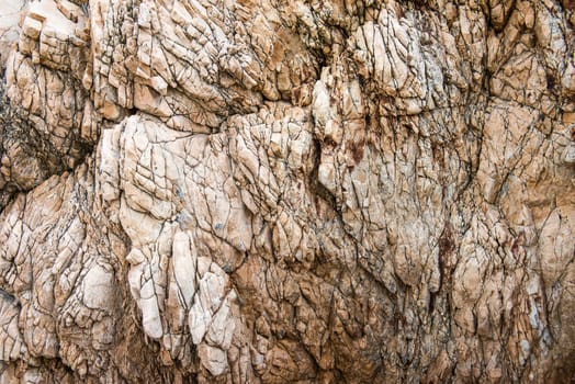 Solid limestone rock texture with muliple cracks, taken near the beach on a sunny day