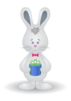 Holiday cartoon, toy rabbit with a gift box.