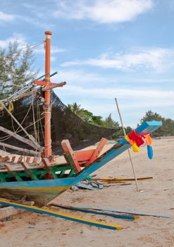 Head of a fishing boat that are waiting to be repaired.
