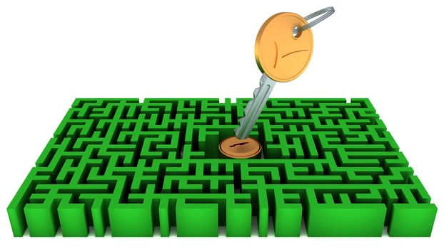 Key, lock and green maze isolated over white