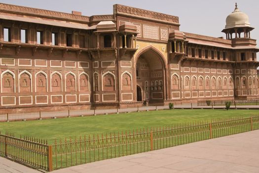 Red sandstone palace (Jahangiri Mahal) inside the Red Fort at Agra, India