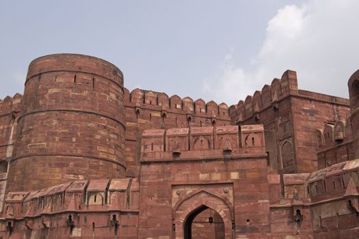 Ramparts guarding the entrance to the Red Fort in Agra. Large fortified building. Uttar Pradesh, India