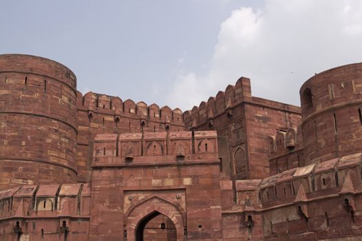 Ramparts guarding the entrance to the Red Fort in Agra. Large fortified building. Uttar Pradesh, India