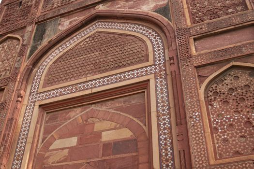 Ramparts guarding the entrance to the Red Fort in Agra. Large fortified building. Uttar Pradesh, India