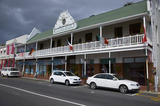 Historic buildings along the main street in the coastal town of Simonstown, South Africa.