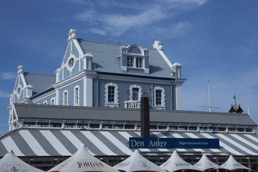 Historic buildings and restaurants in the Victoria and Albert Waterfront in Cape Town in South Africa.