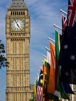 Big Ben tower with flags on Diamond Jubilee