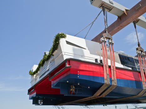 launching new catamaran in shipyard