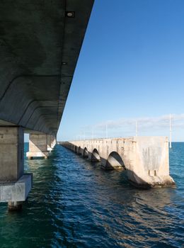 Concrete bridge and broken heritage trail in Florida Keys by Route 1 Overseas Highway