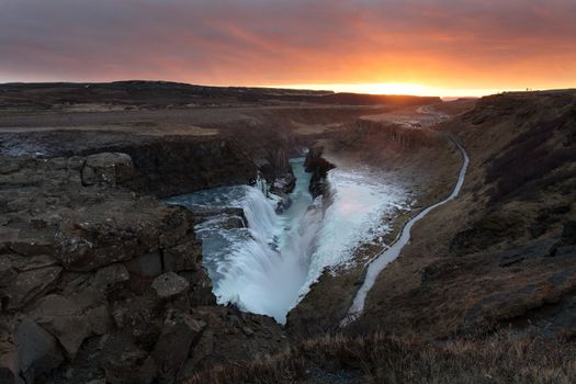 Icelandic waterfall at sunset on the golden circle