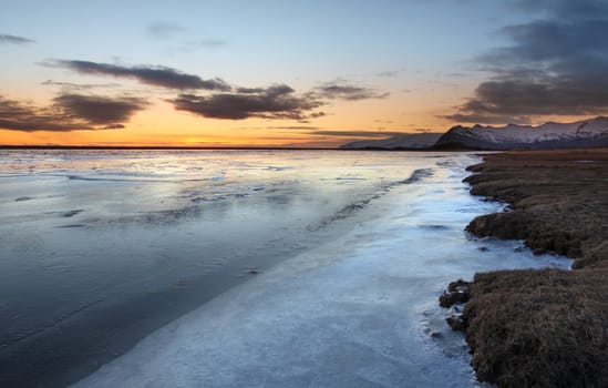 Ice shapes in the east fjords iceland at sunset in winter