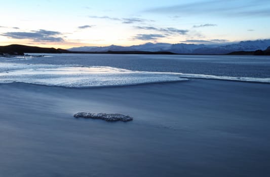 Ice shapes in the east fjords iceland at sunset in winter