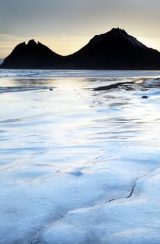 Ice shapes in the east fjords iceland at sunset in winter