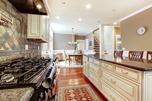 White luxury kitchen with stone, large stove and cherry hardwood.