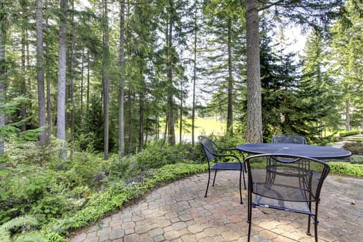 Backyard with pine trees and metal table with chairs.