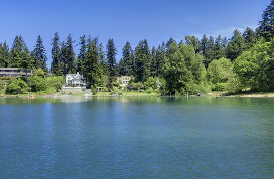 Lake waterfront with houses. Gravelly lake in Lakewood, WA.