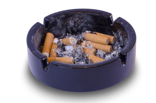 black dirty ashtray full of cigarette butts isolated in white