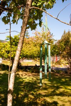 Wind chimes hanging from a tree