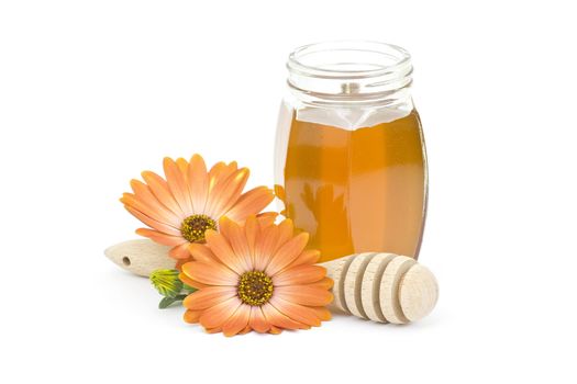honey and flowers on white 