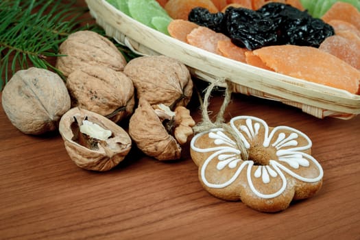 Christmas Dried Fruit and Nuts  on wooden background
