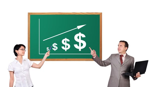 man and woman point to growth dollar on desk
