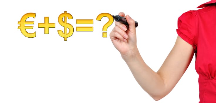 woman drawing formula money on a white background