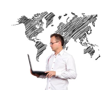 Businessman holding a laptop and world map background