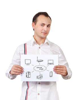 man holding placard with computer network