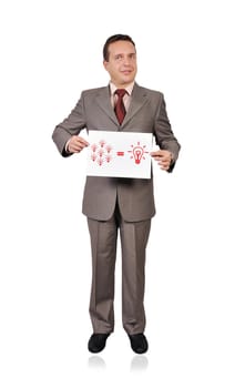 businessman holding a placard with business formula