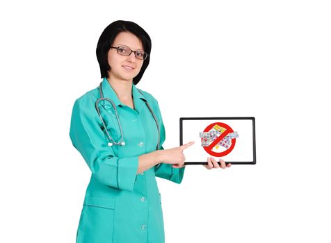 female doctor with touchpad and  stop drugs symbol