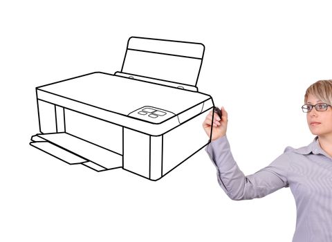 woman drawing printer on a white background