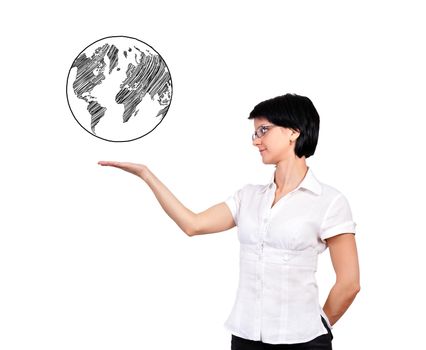 businesswoman and earth on white background