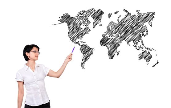 businesswoman pointing at wopld map
