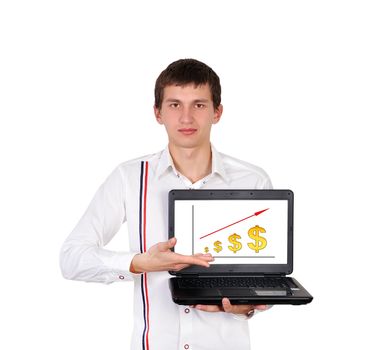 boy with laptop in hand points to growth dollar