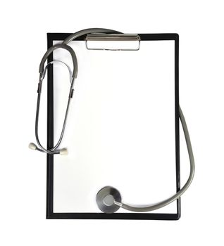 Blank clipboard with stethoscope isolated on white background