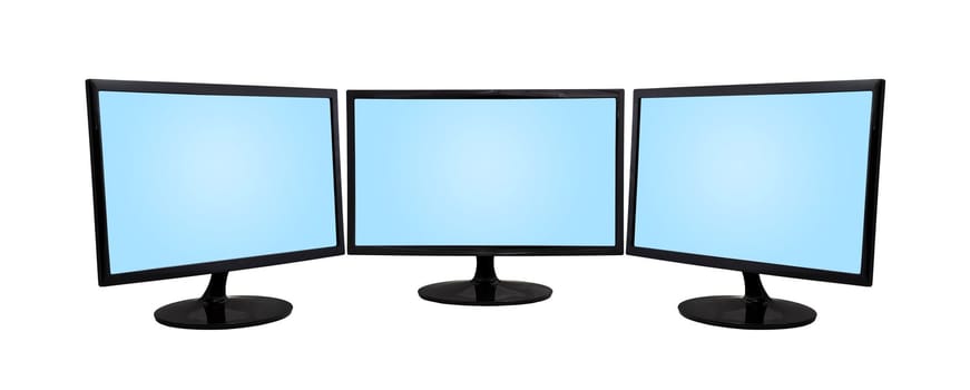 three computer monitor on a white background