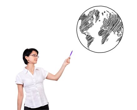 businesswoman pointing at earth on a white background