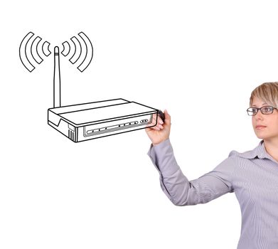 woman drawing router on a white background