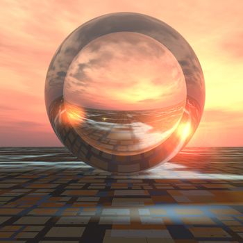 A sunrise over grid horizon with a giant crystal ball background. Abstract concept to forecasting the future or cloud computing.