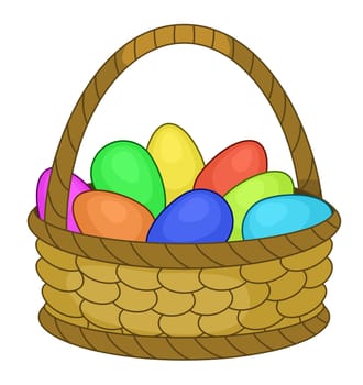 Easter wattled basket with colorful painted chicken eggs.