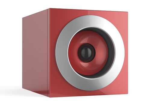 Modern red audio speaker on white background