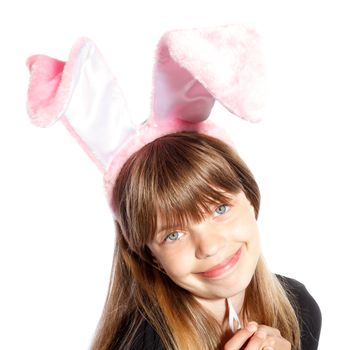 smiling girl with bunny ears on a white background