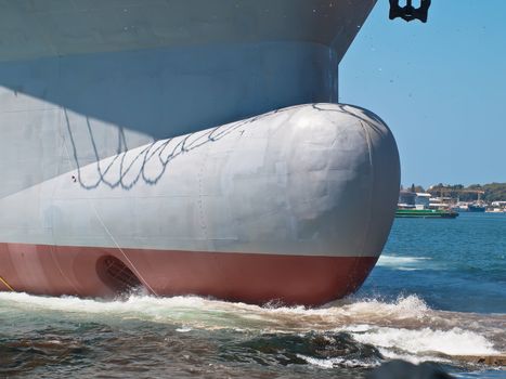 new ship in sea - bulbous bow in front view