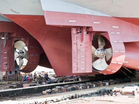 ship launching in shipyard - side view of stern