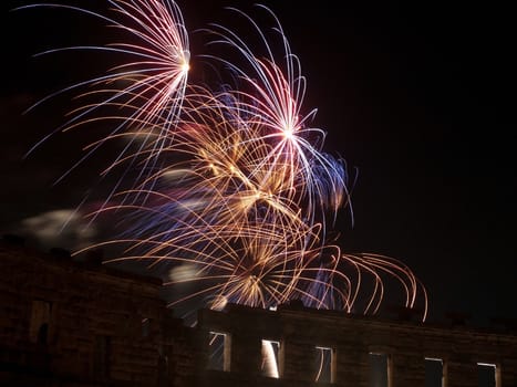 fireworks over ancient amphitheater, Pula, Croatia