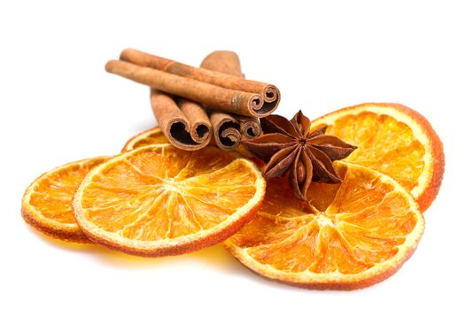 Cinnamon sticks, star anise and dried orange cuts 